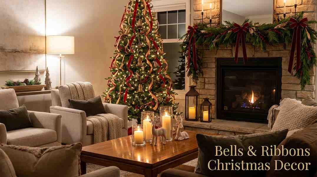 Elegant bells and ribbons Christmas decor in a cozy holiday living room