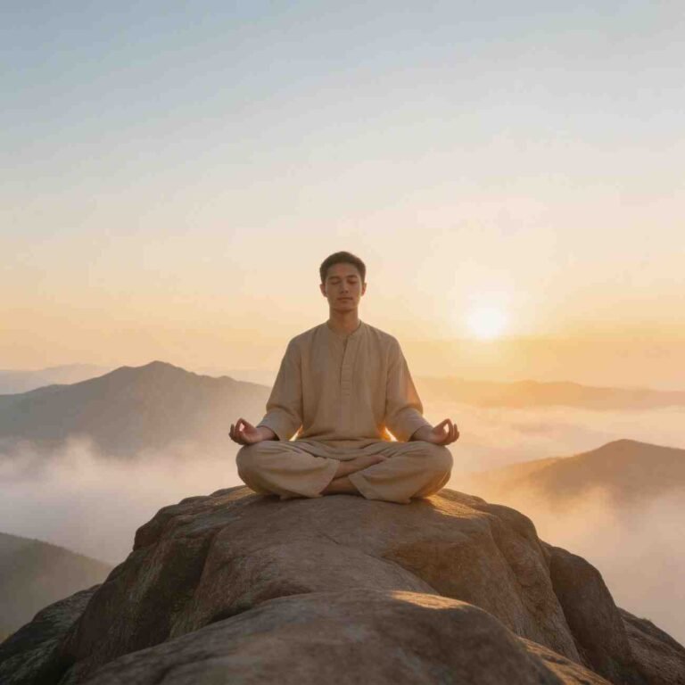Empowering alone captions for Instagram featuring solo meditation on a mountain