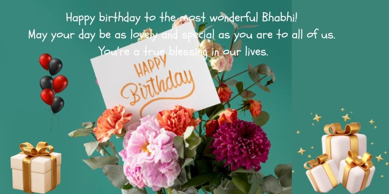 Birthday greeting card for Bhabhi placed in a bouquet of colorful flowers