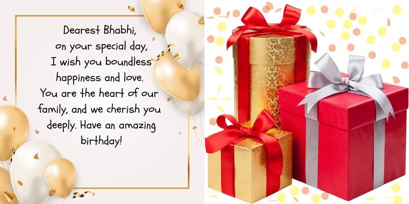Birthday message for Bhabhi with golden and red gift boxes and heart balloons
