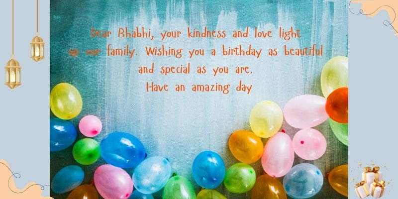 Birthday message for Bhabhi with colorful balloons on a wooden blue background