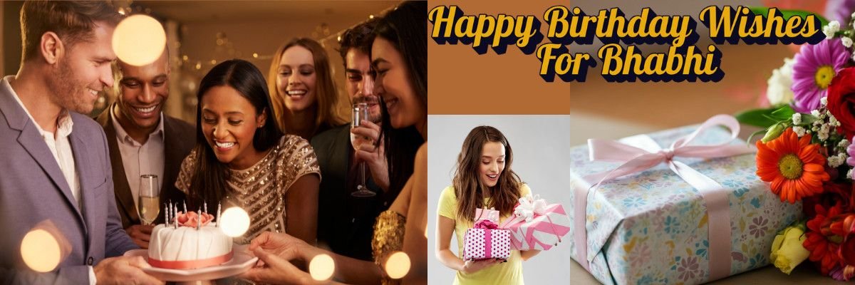 Happy birthday celebration with friends and a woman holding gifts