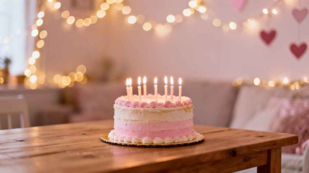 Pink birthday cake with candles and fairy lights background representing sweet birthday wishes for crush