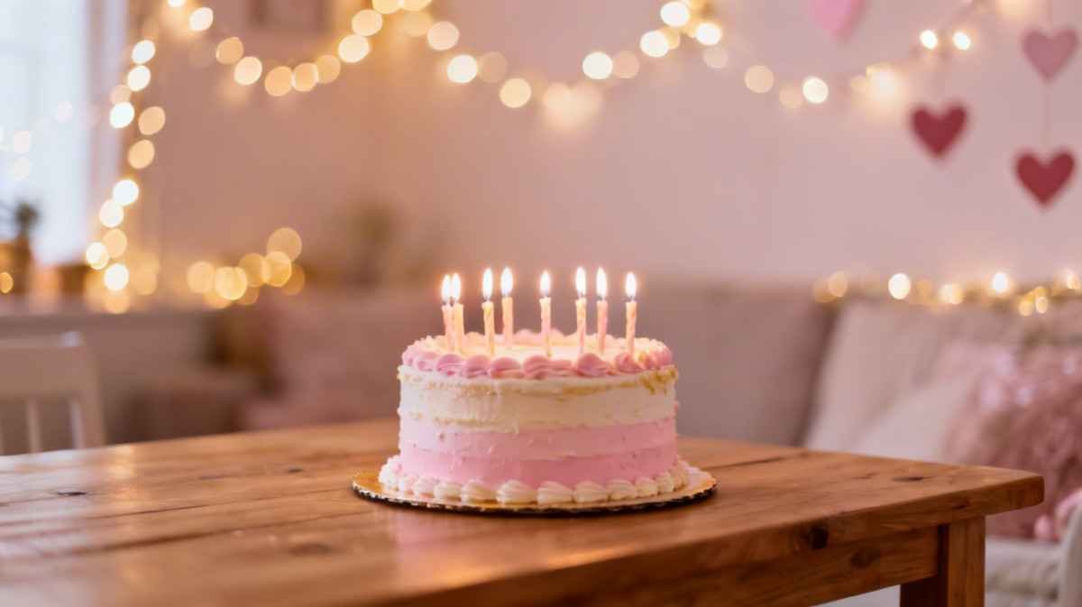 Pink birthday cake with candles and fairy lights background representing sweet birthday wishes for crush