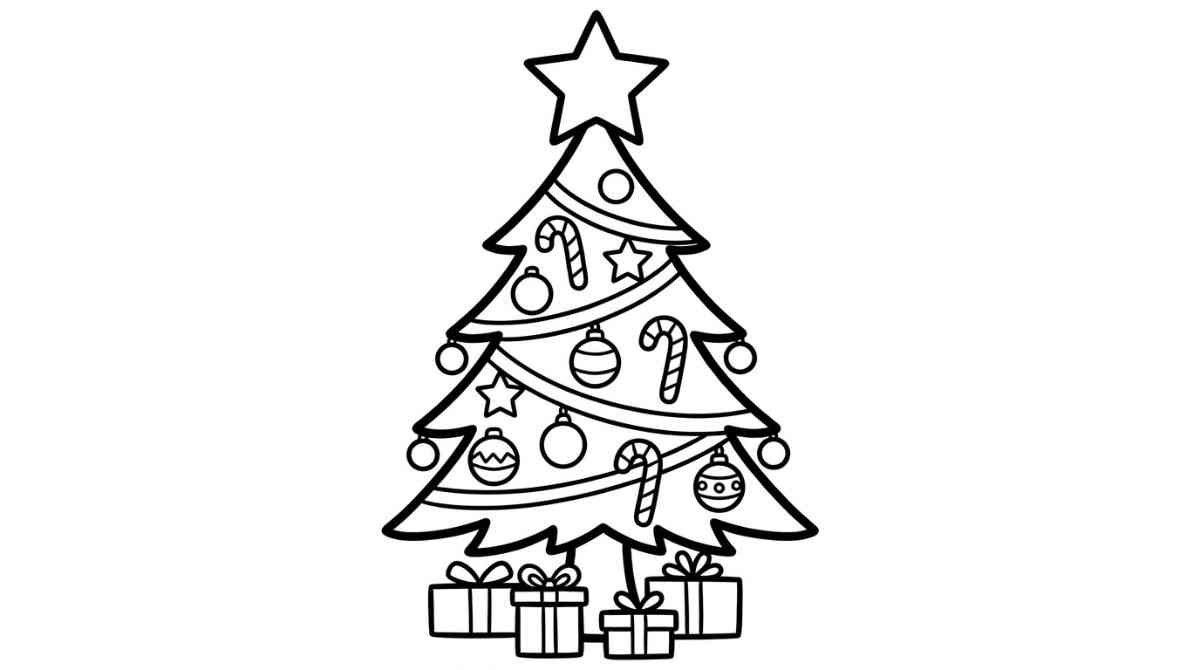 Black and white Christmas tree sketch for kids