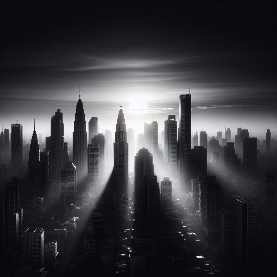 Urban skyline at sunset in monochrome, perfect for black and white captions.