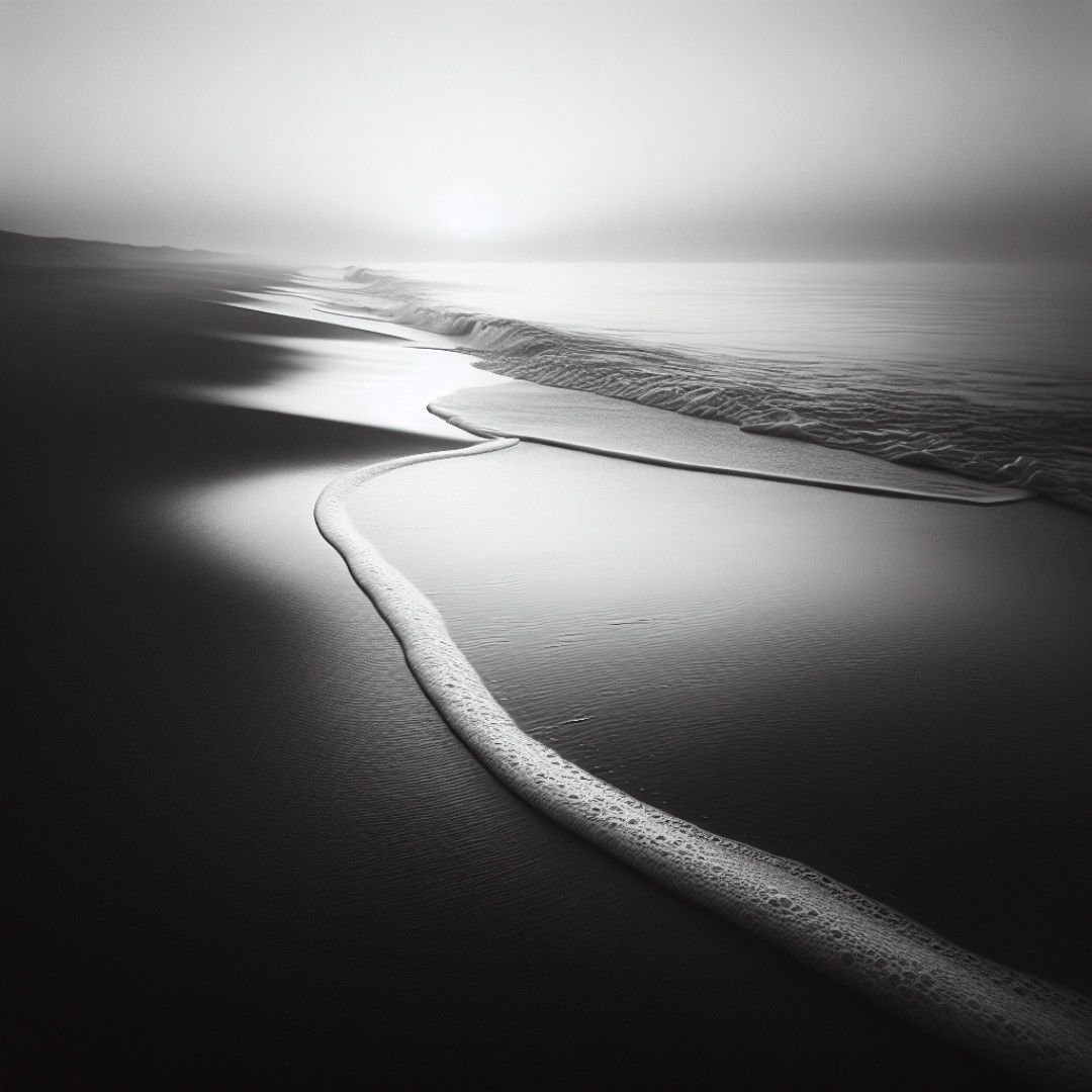 Serene beach at dawn in monochrome, ideal for black and white captions.