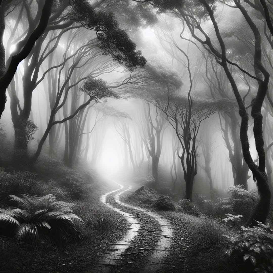 Black and white image of a misty forest with a winding trail