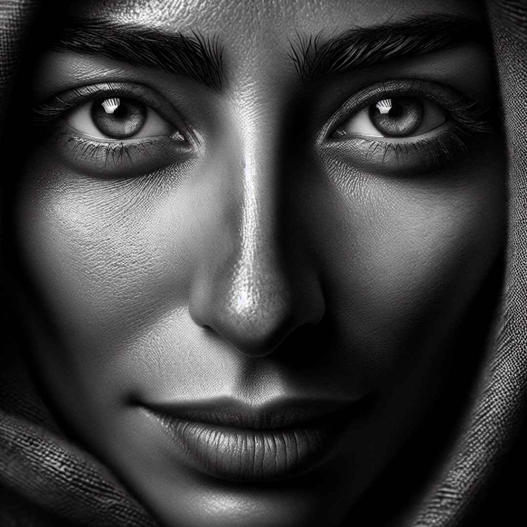 Black and white close-up portrait of a woman with striking eyes and a hood