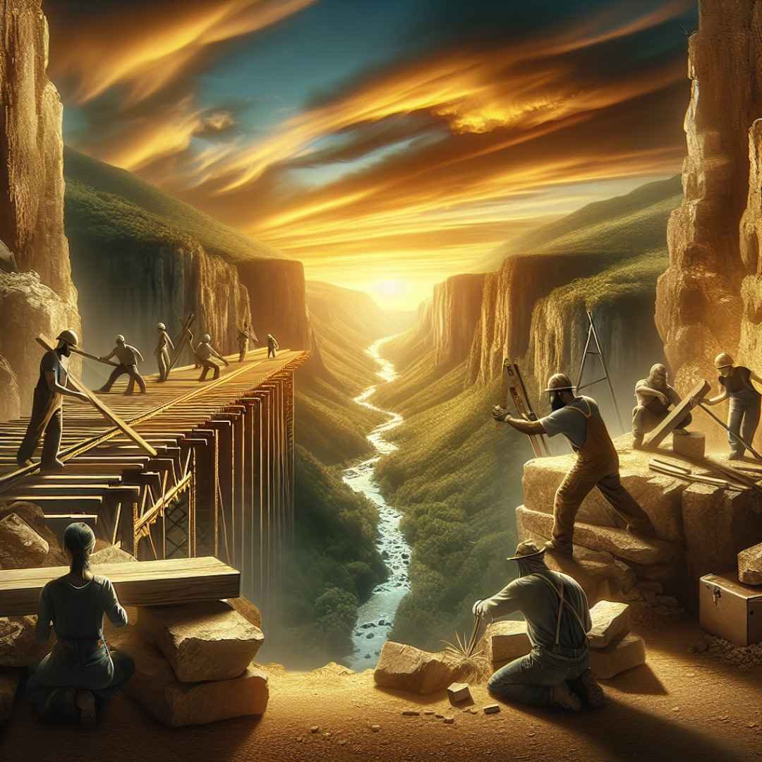 People rebuilding a broken bridge at sunset representing broken trust quotes and healing
