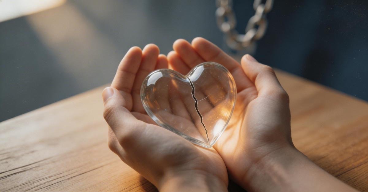 cracked glass heart on wooden table — broken trust quotes about betrayal and healing