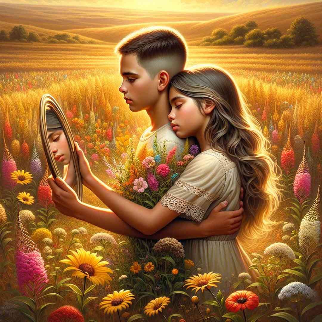 Brother and sister hugging in a flower field, holding a mirror