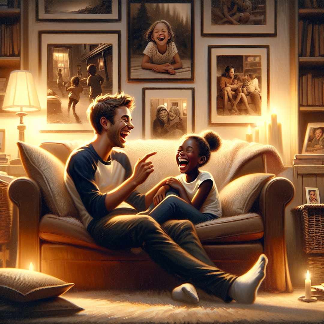 Brother and sister laughing together on a cozy couch at home