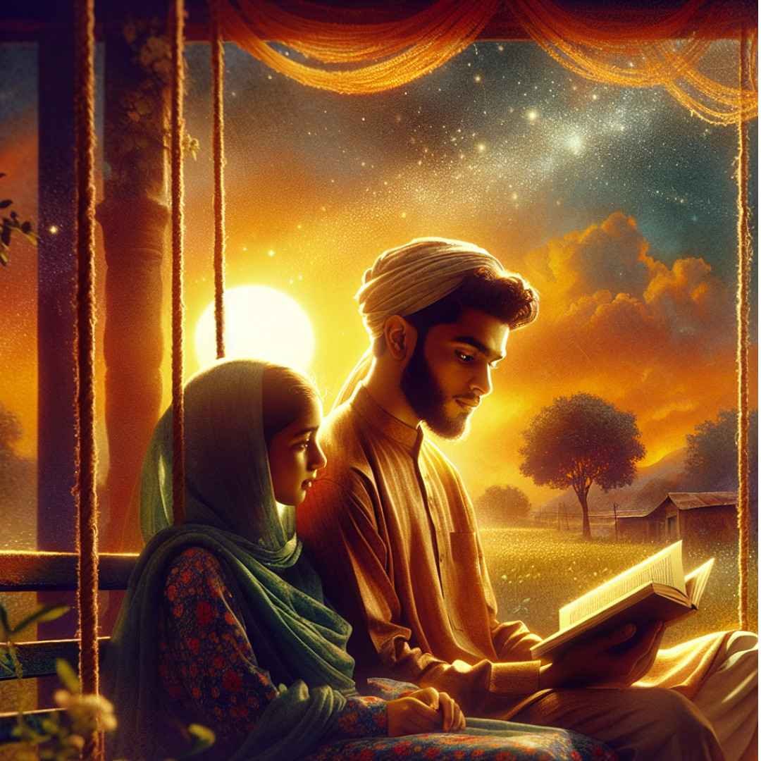 A heartwarming image of a brother and sister sitting together, reading with the sunset in the background.