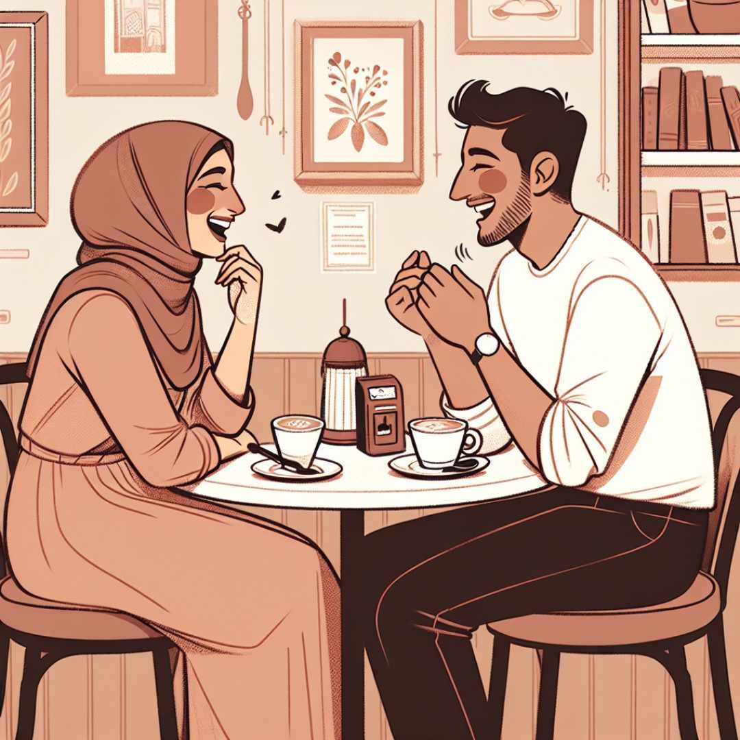 Couple enjoying a candid moment over coffee in a cozy shop, highlighting candid couple photos.