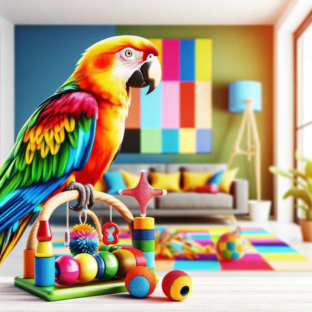 Vibrant parrot perched near colorful toys in a bright living room