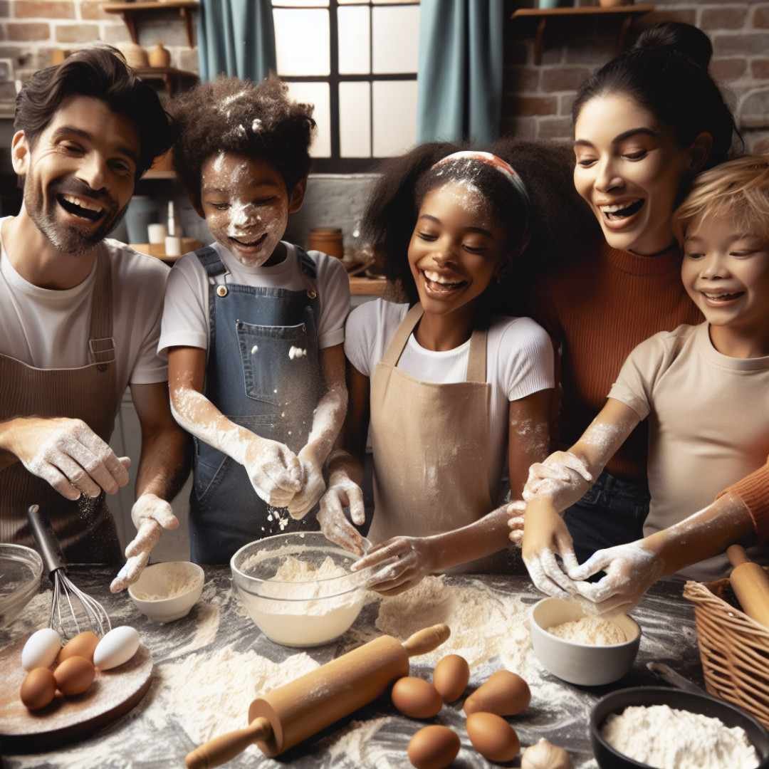 Candid photo of a joyful family baking together in the kitchen