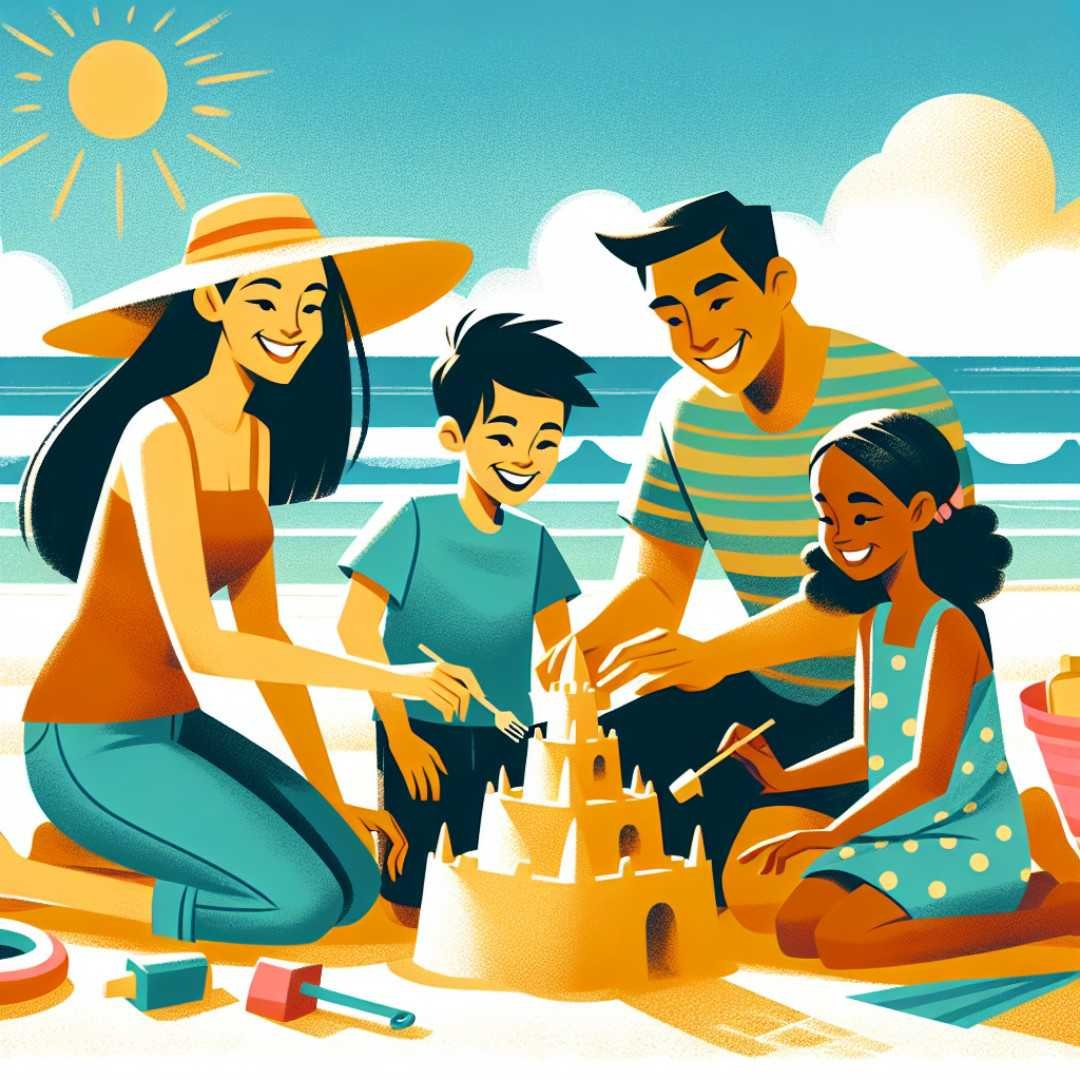 Candid moment of a family building a sandcastle on the beach