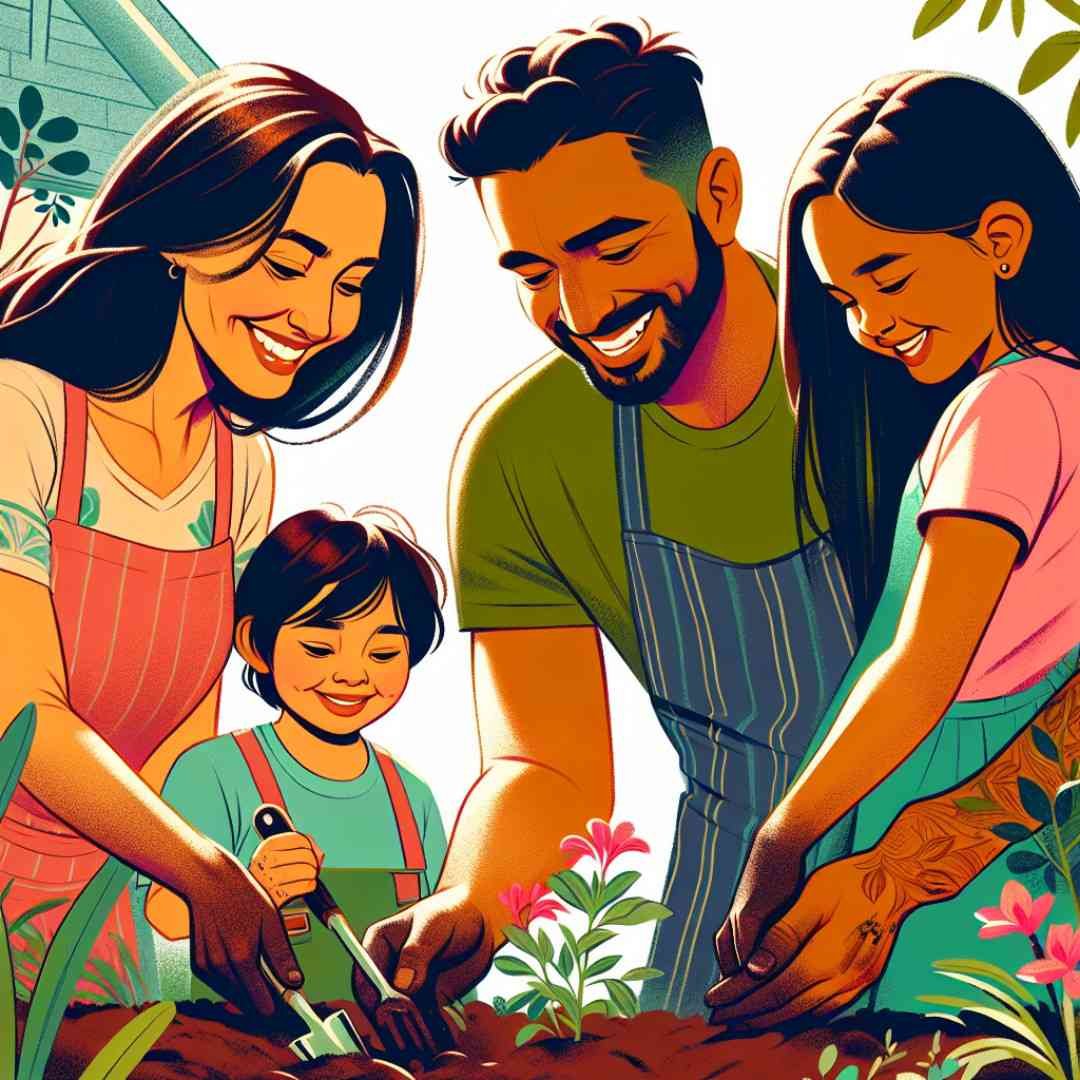Candid moment of a happy family gardening together