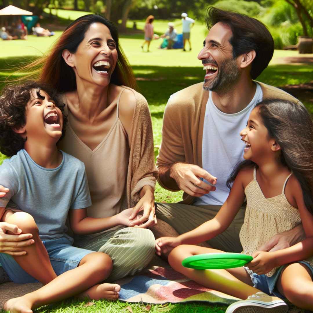 Candid photo of a family laughing together at the park