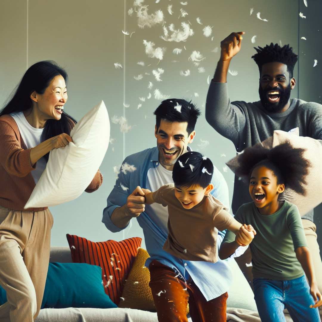 Candid photo of a family laughing during a pillow fight