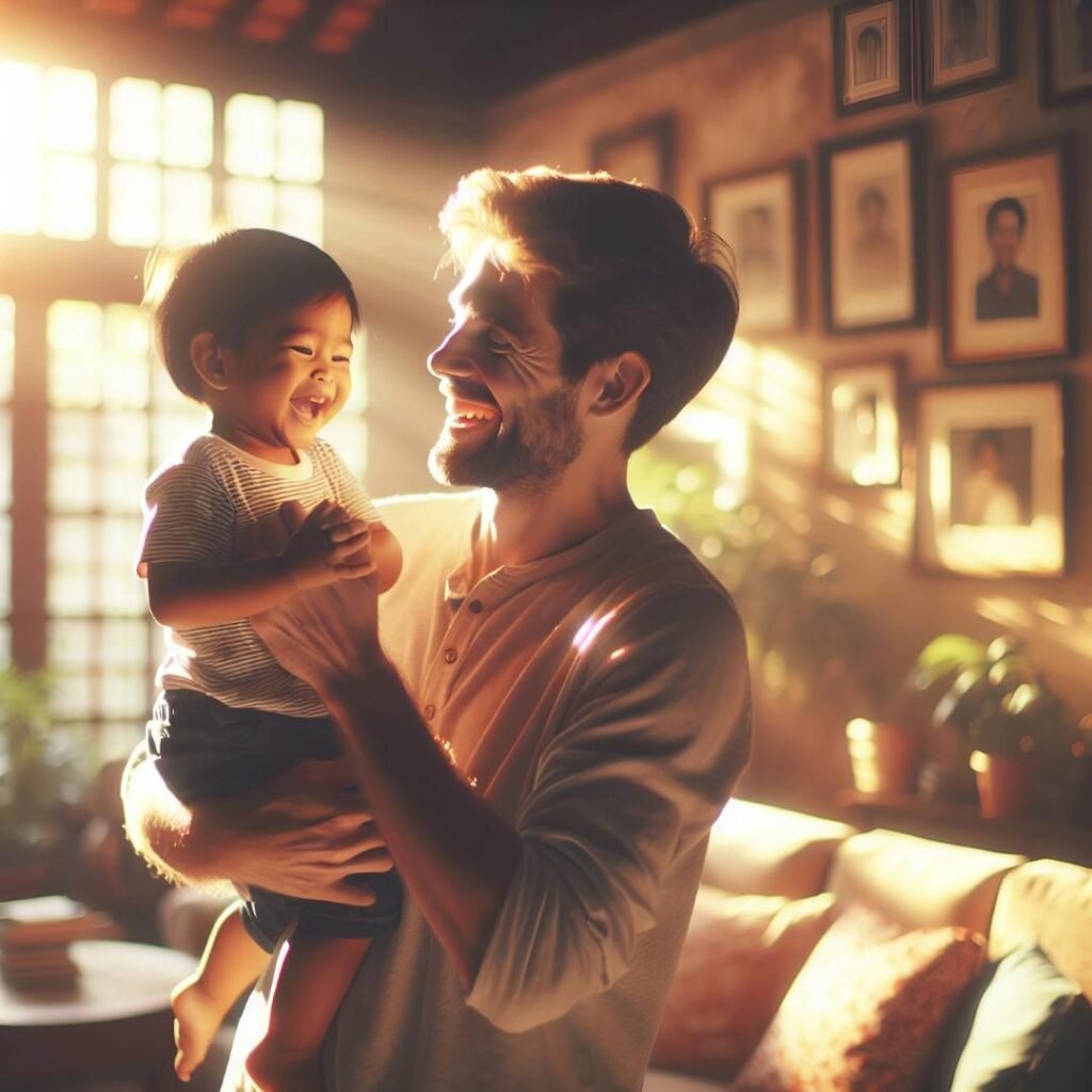 Candid photo of a father holding and smiling at his baby