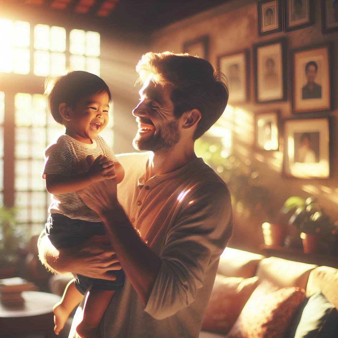 Candid photo of a father holding and smiling at his baby