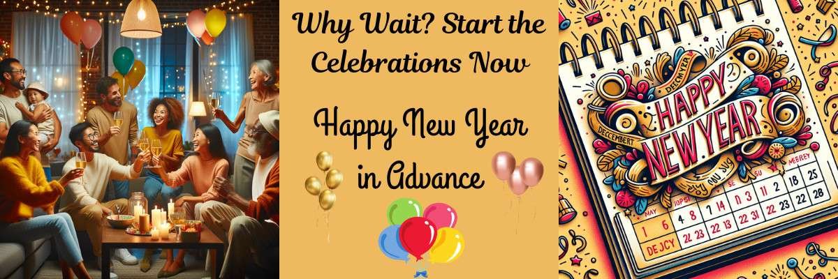 Cheerful yellow background with colorful balloons and the text: "Why Wait? Start the Celebrations Now – Happy New Year in Advance."