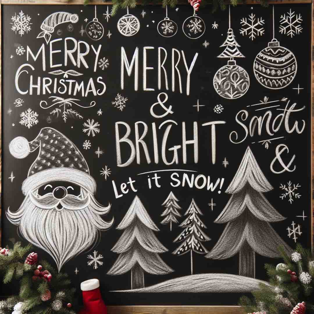 Chalkboard Christmas sign with Santa Claus, snowflakes, trees, and holiday text.