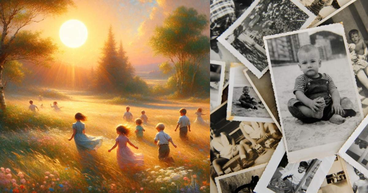 Children playing in a golden field alongside vintage black-and-white family photos