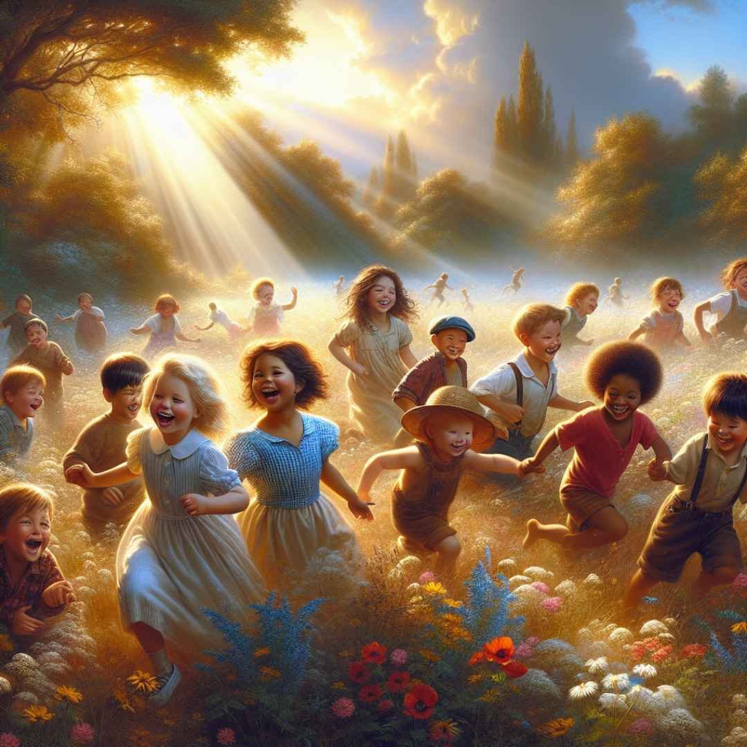 Children playing in a sunlit meadow, embodying childhood memories quotes with scenes of innocence and wonder.