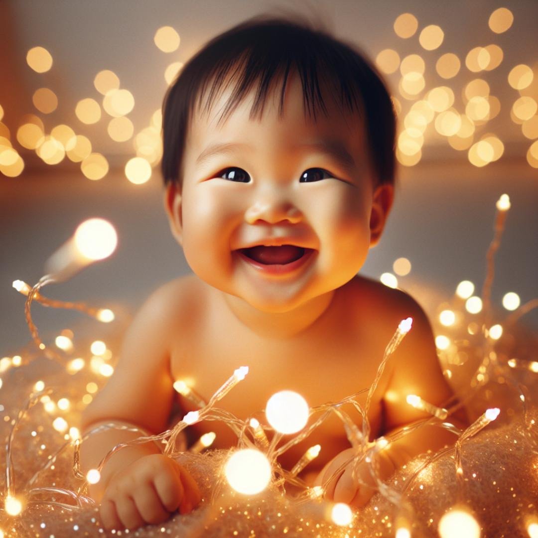 Smiling baby surrounded by Christmas lights in a festive photoshoot.