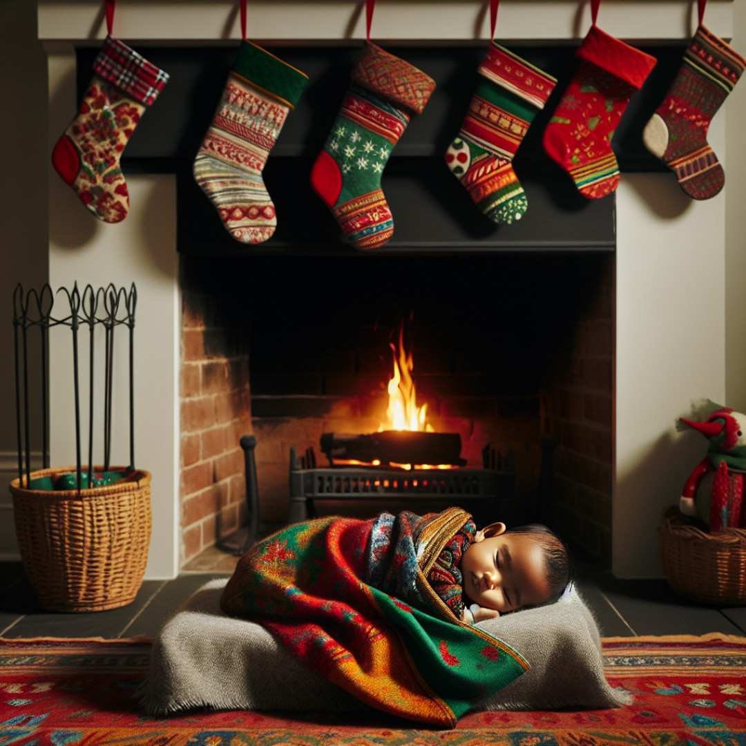 Nothing says cozy Christmas like a baby by the glowing fireplace in a festive outfit.the best christmas newborn photoshoot