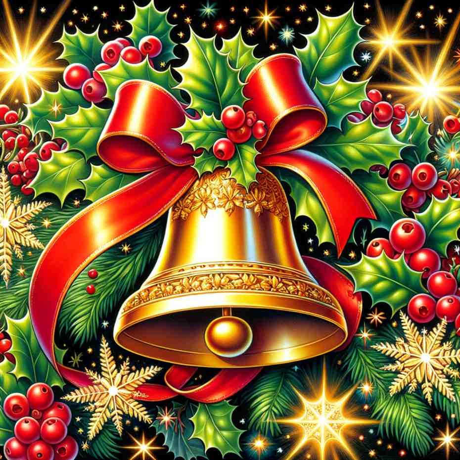 Christmas drawing for kids featuring a bell adorned with ribbons and holly leaves, capturing the holiday spirit.