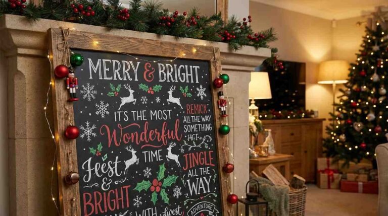 Christmas chalkboard decoration with festive quotes and chalk art