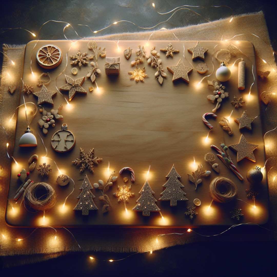 Christmas decorations on board illuminated by twinkling mini lights for a cozy glow