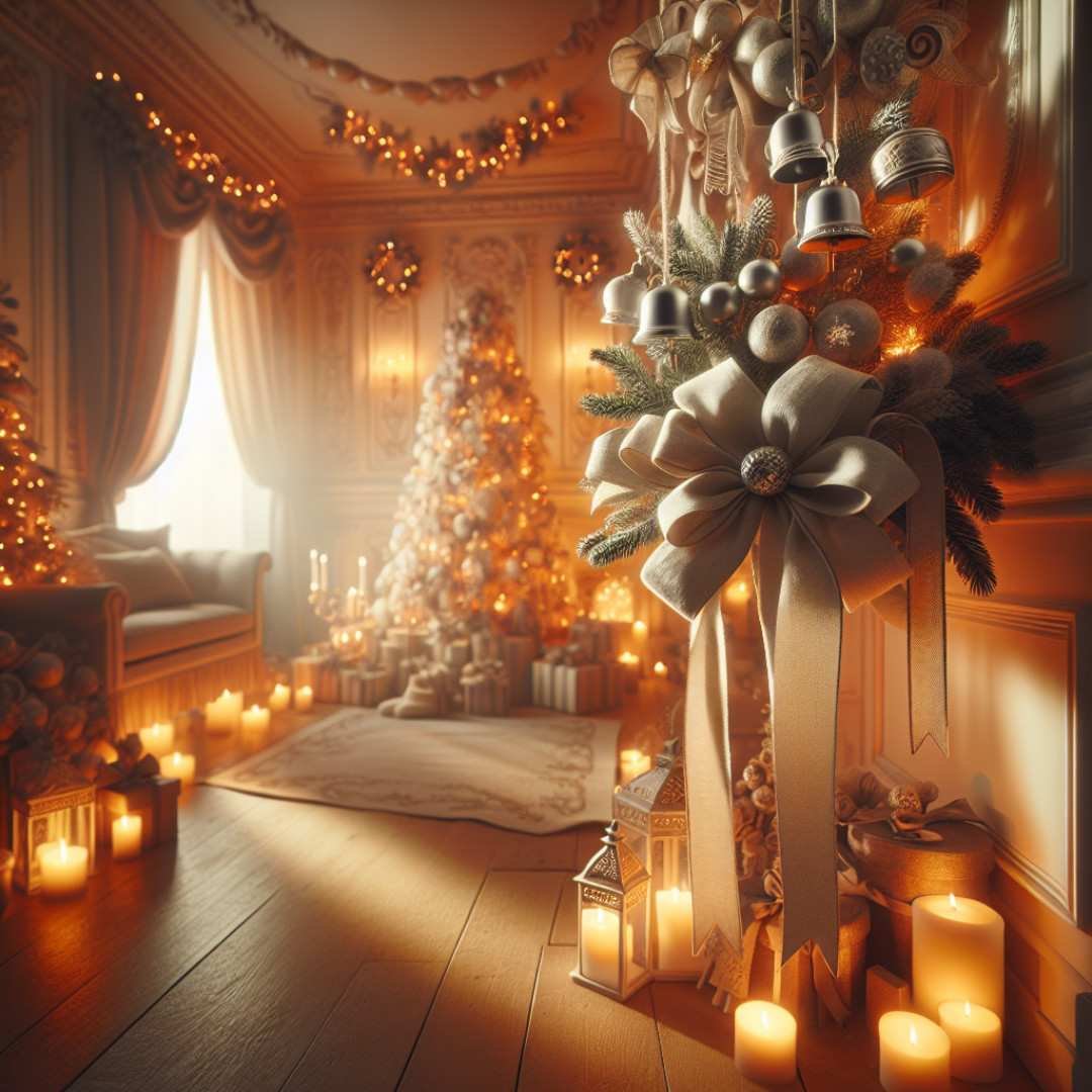 Cozy holiday setting with soft lighting, featuring festive bell and ribbon decor, creating a warm and inviting ambiance.