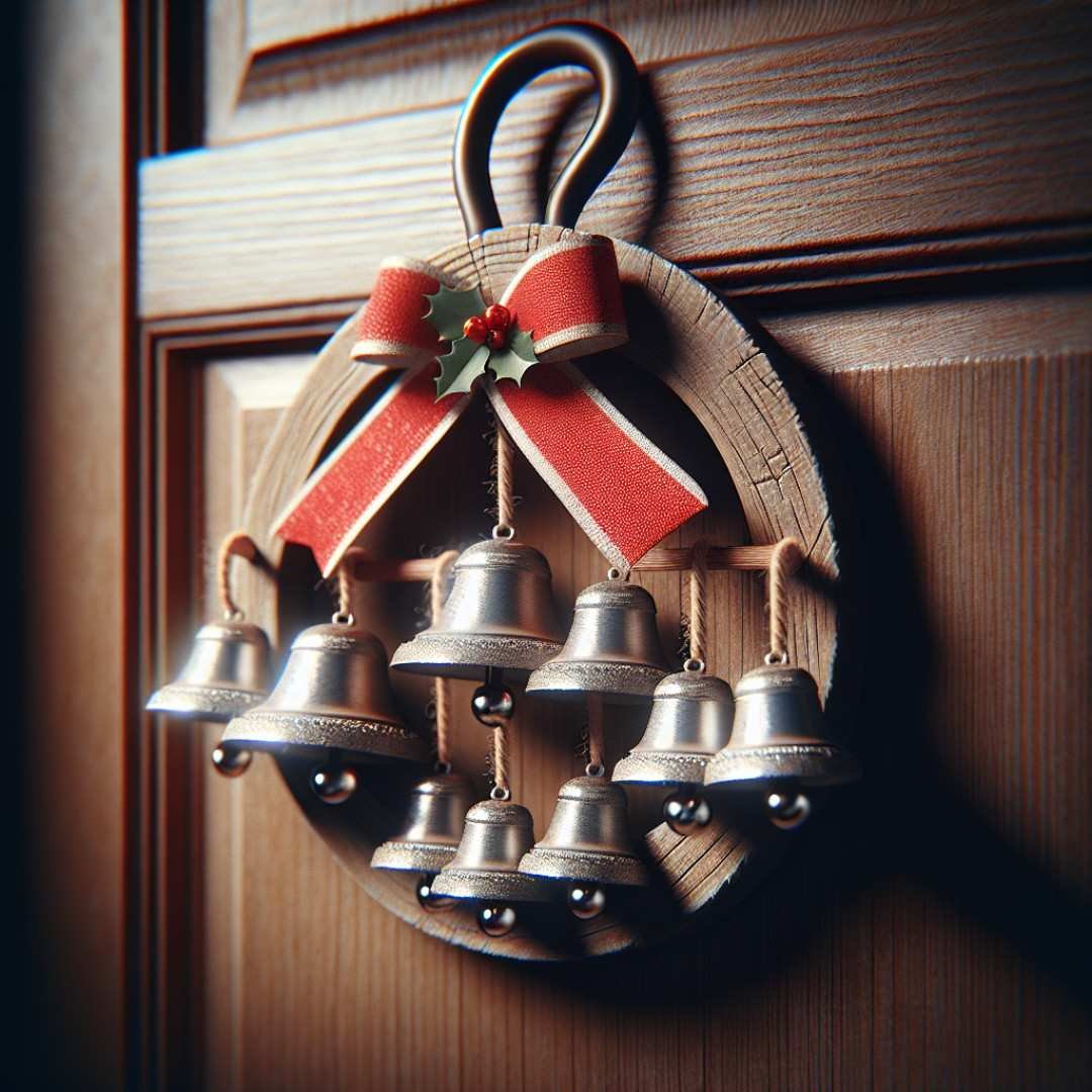 A rustic door hanger adorned with shiny silver Christmas bells and a simple red ribbon bow, designed to chime cheerfully when the door opens, set against a slightly blurred wooden door background.