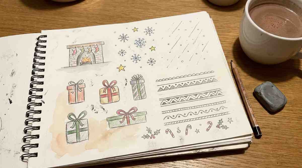 Easy Christmas background drawing ideas with snowflakes and festive scenes