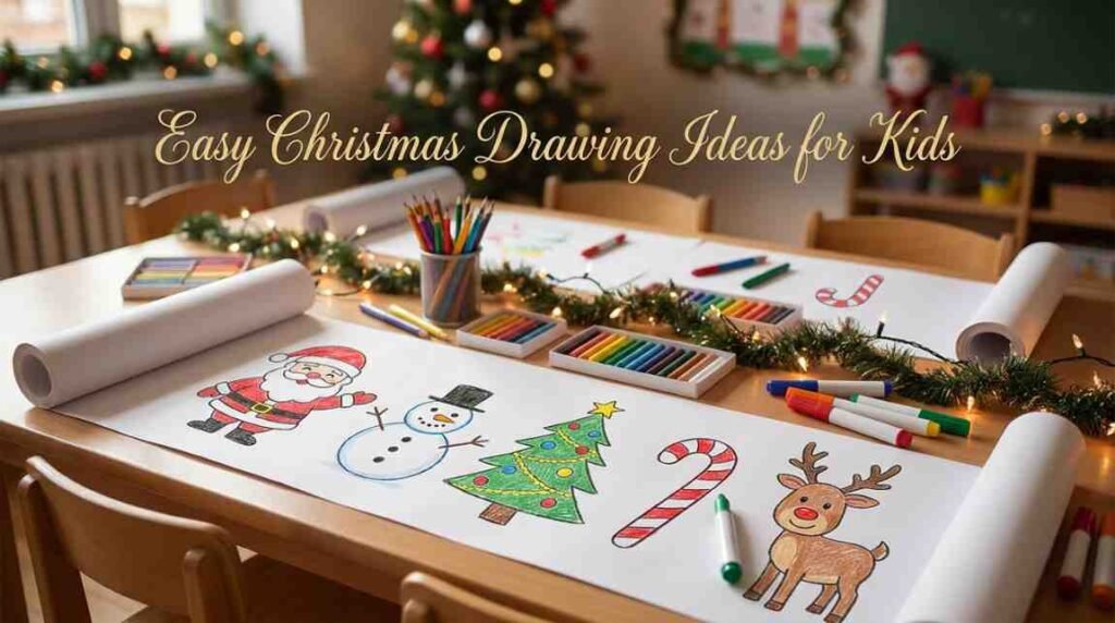 Christmas drawing for kids activity setup with festive holiday sketches