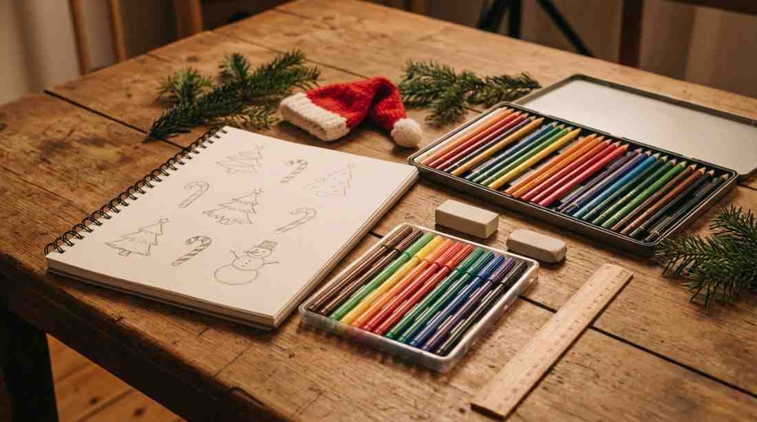 Christmas drawing supplies for beginners and festive sketching