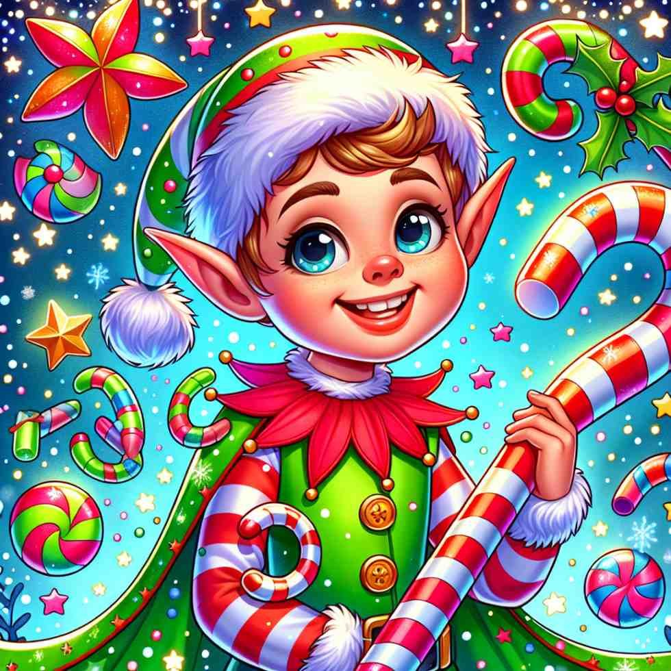 Cheerful Christmas elf holding candy cane with festive background