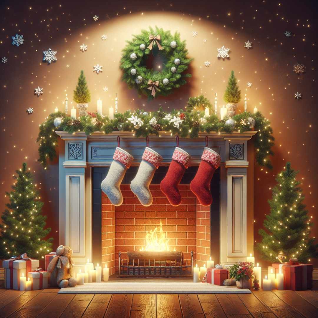 Cozy Christmas fireplace with stockings, wreath, and festive lights