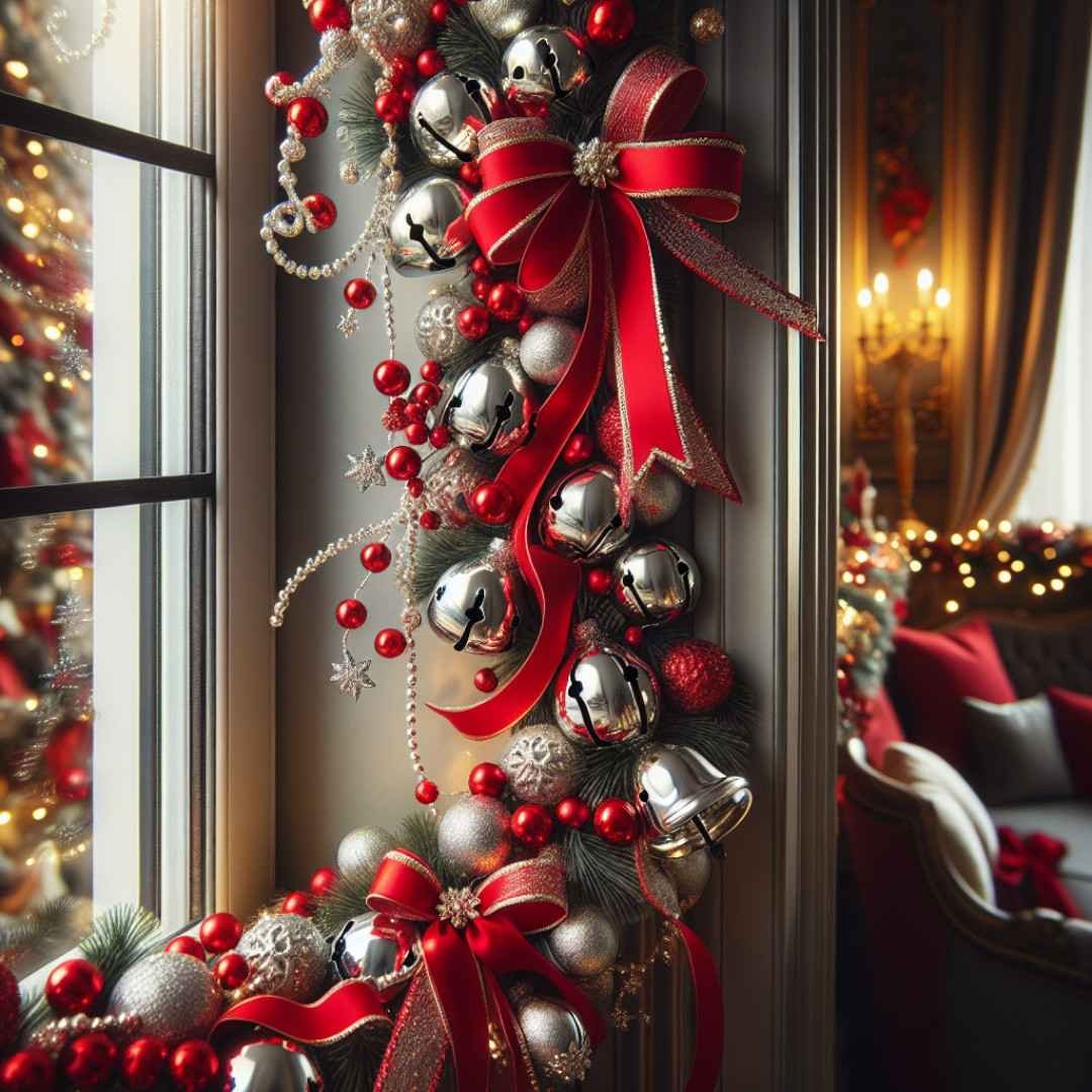 A garland showcasing the combination of bells and ribbons draped elegantly over a window. The garland features shiny silver bells paired with vibrant red ribbons, creating a festive and charming display. The window frame is softly illuminated by natural light, enhancing the cozy holiday ambiance.