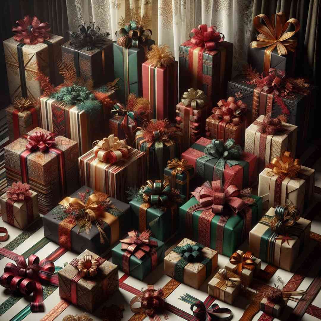A collection of presents wrapped with creative use of ribbons, featuring intricate bows and layered designs. The packages are in festive colors such as red, green, and gold, each ribbon adding a unique touch to the holiday wrapping.