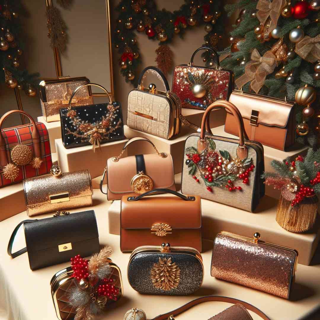 Bags and clutches designed to enhance Christmas dresses for women, featuring elegant clutches and festive handbags with holiday-themed details. Set in a sophisticated and festive environment with seasonal decorations, these accessories add a touch of elegance and holiday flair to any outfit.