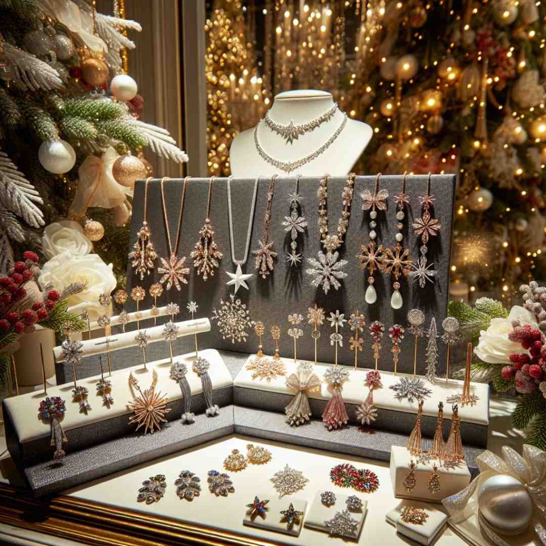 Festive jewelry and hair accessories perfectly complementing Christmas dresses for women, featuring sparkling earrings and charming hairpins. Set in a glamorous environment with twinkling lights and festive decorations, these pieces enhance the elegance and style of holiday ensembles.