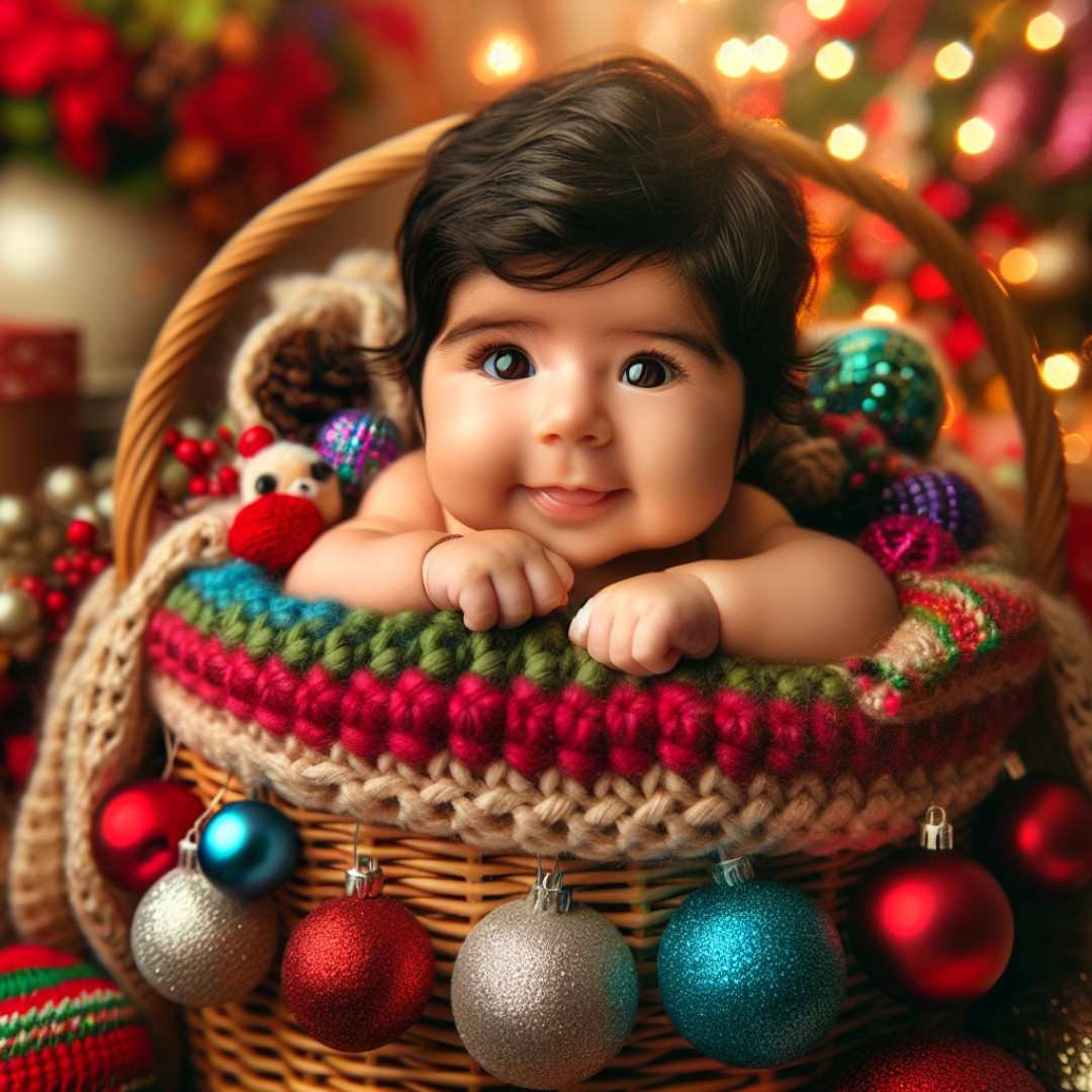 Newborn baby in a basket with Christmas ornaments, set against a festive tree backdrop.