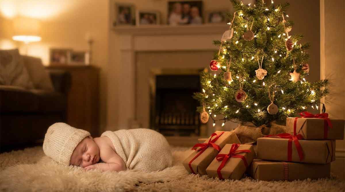Peaceful Christmas newborn holiday portrait