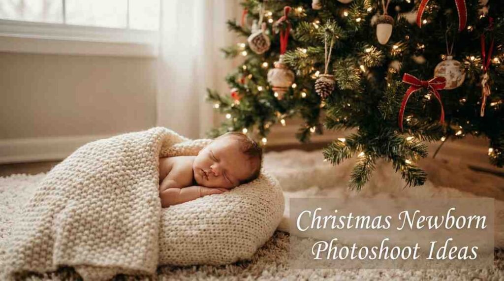Christmas newborn photoshoot with cozy festive baby setup